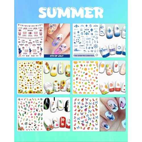 24 Sheets Seasonal Nail Art Stickers, Four Season Variety Pack All Holiday Nail Decals, Self-Adhesive Varied Design for Flowers Butterflies Halloween Christmas Spring Summer Fall Decoration