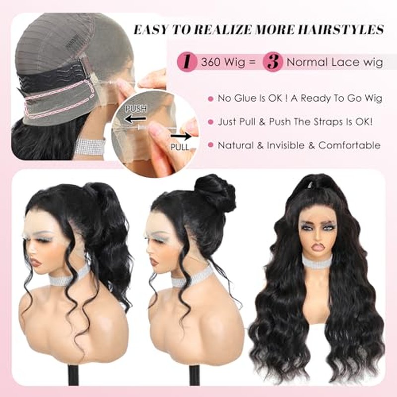 Beluck Hidden Strap Drawstring Wig 360 Lace Front Wigs Human Hair Pre Plucked Pre Cut, 200 Density Glueless Body Wave Frontal 360 Full Lace Human Hair Wigs, HD Lace Front Wigs 16 Inch