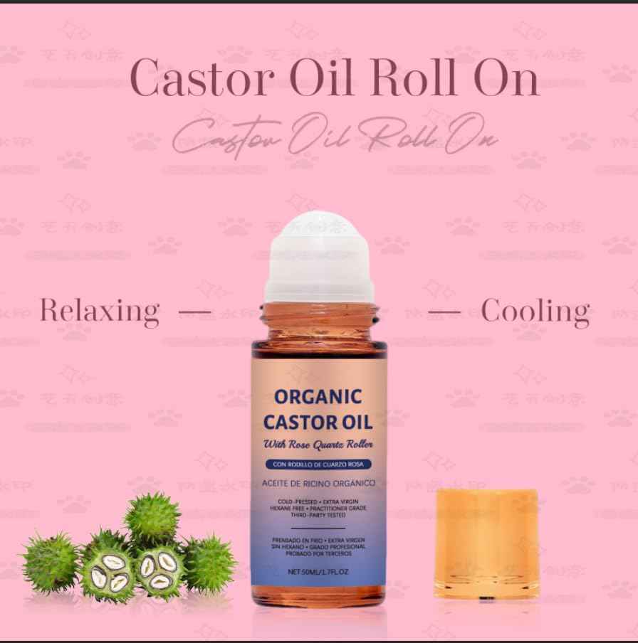 Organic Castor Oil with Rose Quartz Roller, Castor Oil Roll-On with Rose Quartz for Skin, Brows & Lashes, 1.7 fl oz, 100% Pure Cold-Pressed, Hexane-Free (1 pcs)