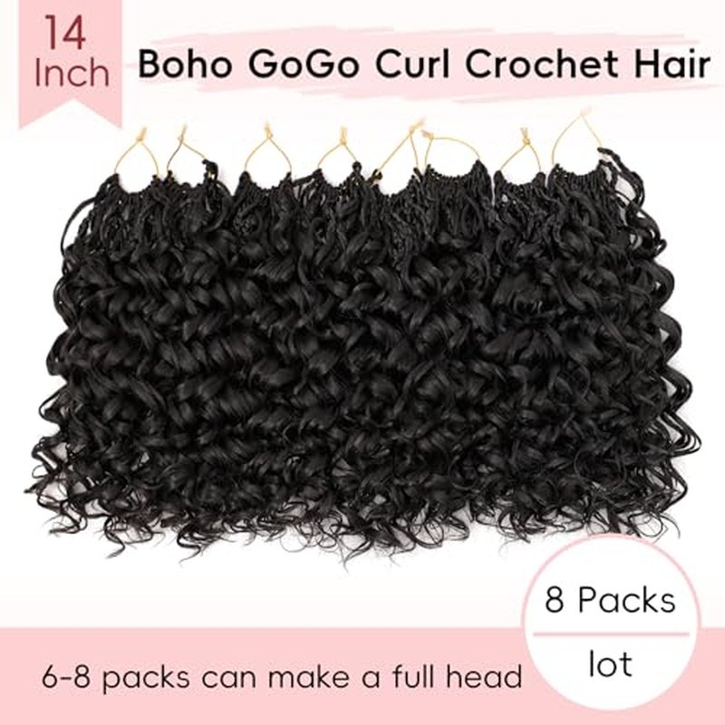 8 packs GoGo Curl Crochet Hair Pre twisted 14 Inch Curly Crochet Hair for Women Pre looped Boho Box Braids with Curly Ends Beach Curl Water Wave Synthetic Hair Extensions 1B