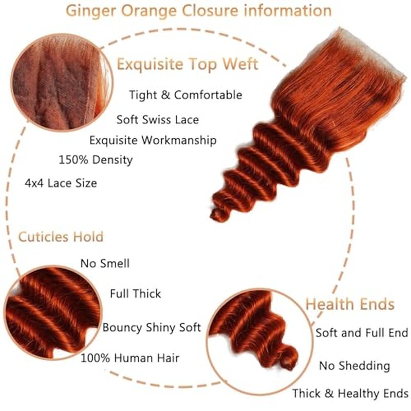 Ginger Bundles with Closure Human Hair Loose Deep Wave(12 14 16+12) 10A #350 Colored Free Part 4x4 Lace Closure and 3Bundles for Black Women