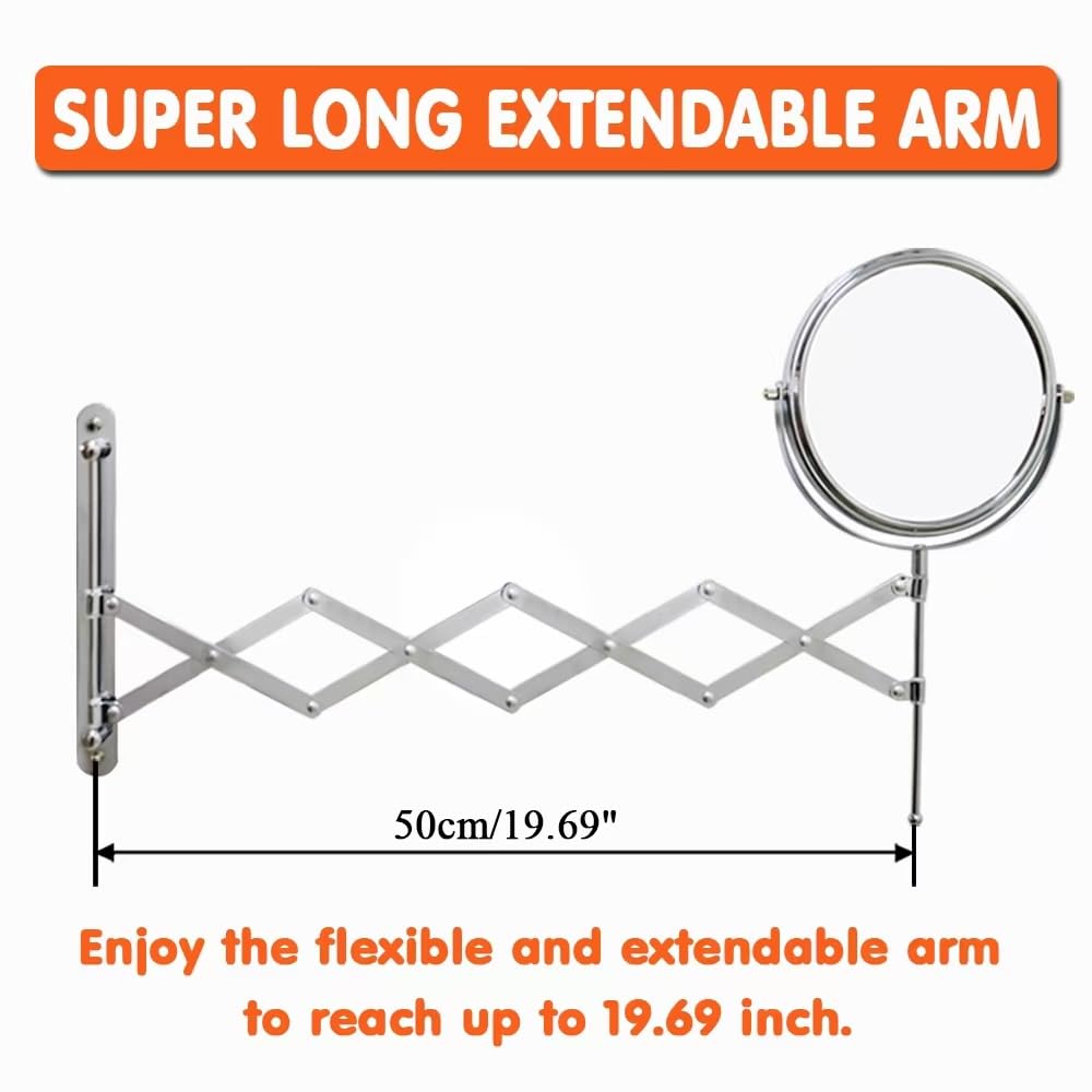 Welllink 8Inch Max Extendable Mirror for Bathroom, Space-Saving Screw Mount, 10X/1X Magnifying Mirror, HD Glass No Distortion Chrome, for Home Cloakroom Gift
