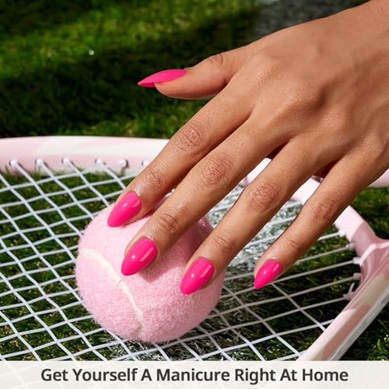 BTArtbox Press On Nails Short - Hot Pink Almond Press On Nails with Glue for Women, Opaque Soft Gel Glue On Nails in 16 Sizes - 32 Stick On Nails Kit, Power Pink
