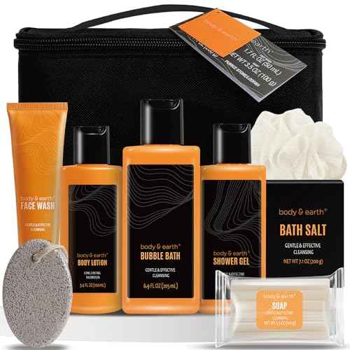 Body & Earth Gift Baskets for Men Bath Set Citrus Scented Bath and Body Gift Set with Body Lotion, Face Wash, Shower Gel, Bubble Bath, Loofah, Birthday Gifts