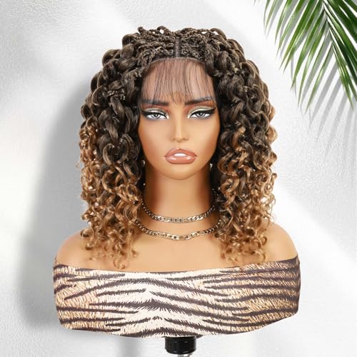 Fancy Hair Braided Wig for Black Women Gogo Curly Braid Wig Double Full Lace Curly Wavy Bob Wig with Baby Hair Pre Plucked Knotless Squrare Part Curly Wig (Ombre Blonde)