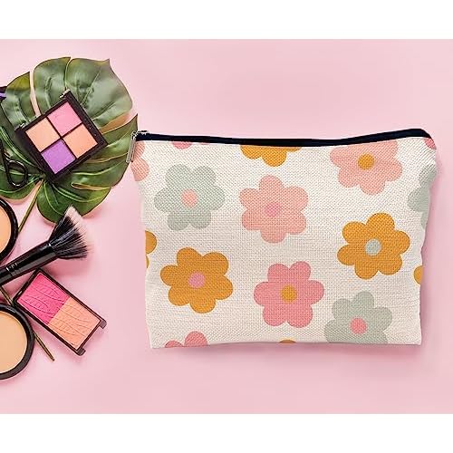 Retro Groovy 60s 70s Daisy Flowers Makeup Bag Cosmetic Bag Zipper Pouch Toiletry Bags,Groovy Gifts for Women Teen Girls Her