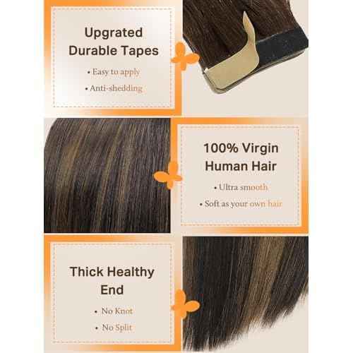 DOORES Tape in Hair Extensions, Balayage Dark Brown to Chestnut Brown 25g 10pcs 18 Inch Remy Straight Hair Skin Weft