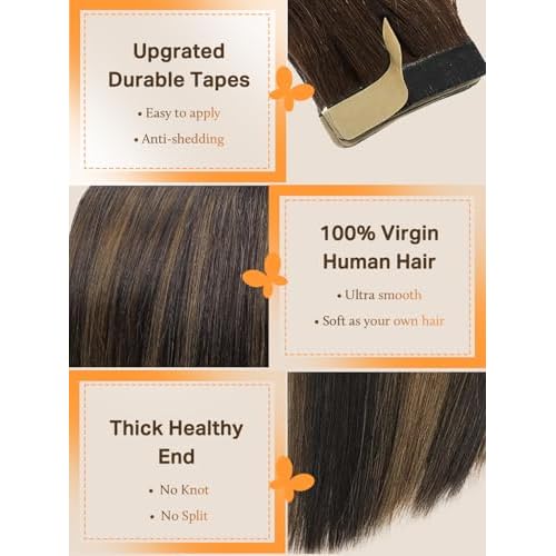 DOORES Tape-in Hair Extensions, Balayage Dark Brown to Chestnut Brown, 100g, 40pcs, 18 Inch Remy Straight Hair Skin Weft