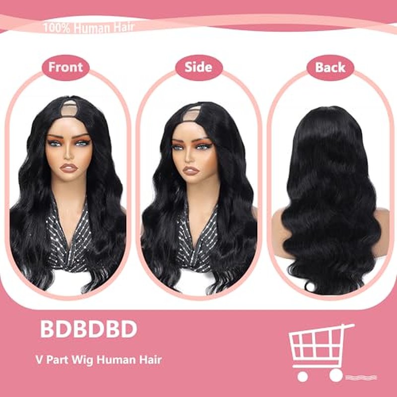 V Part Wig Human Hair Body Wave 100% Real Human Hair Upgrade U Part Human Hair Wig 180% Density Beginner Friendly Natural Color (22 inch)