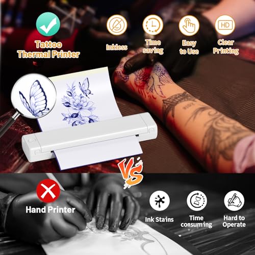 Tattoo Stencil Printer, M08F Wireless Thermal Tattoo Printer with 10pcs Transfer Paper, Compatible with Phone/Tablet/PC, Tattoo Machine for Tattoo Artists & Beginners, All White