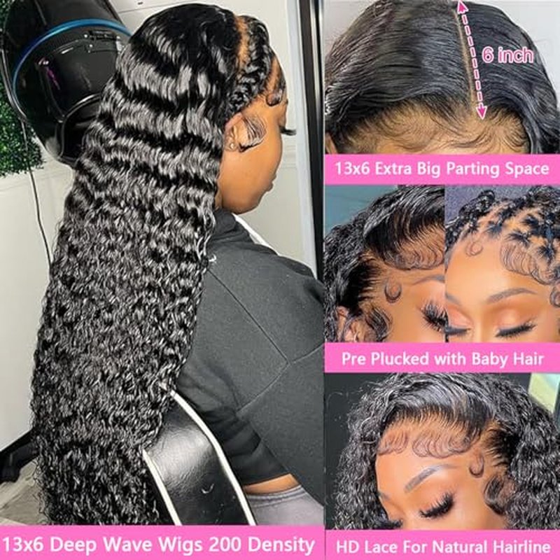 24 Inch Deep Wave Lace Front Wigs Human Hair 13x6 HD Transparent Lace Front Wigs Human Hair Pre Plucked with Baby Hair Deep Wave Wig Human Hair Wet and Wavy Glueless Frontal Wigs 200% Density