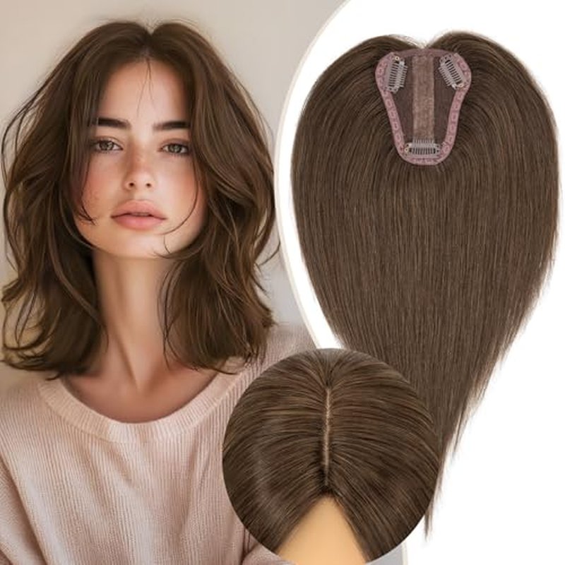 Rich Choices Hair Toppers for Women Real Human Hair 150% Density Clip in Silk Base No Bangs 100% Human Remy Toppper Realistic Scalp Pieces for Women with Thinning Crown 12 Inch #2R Chocolate Brown