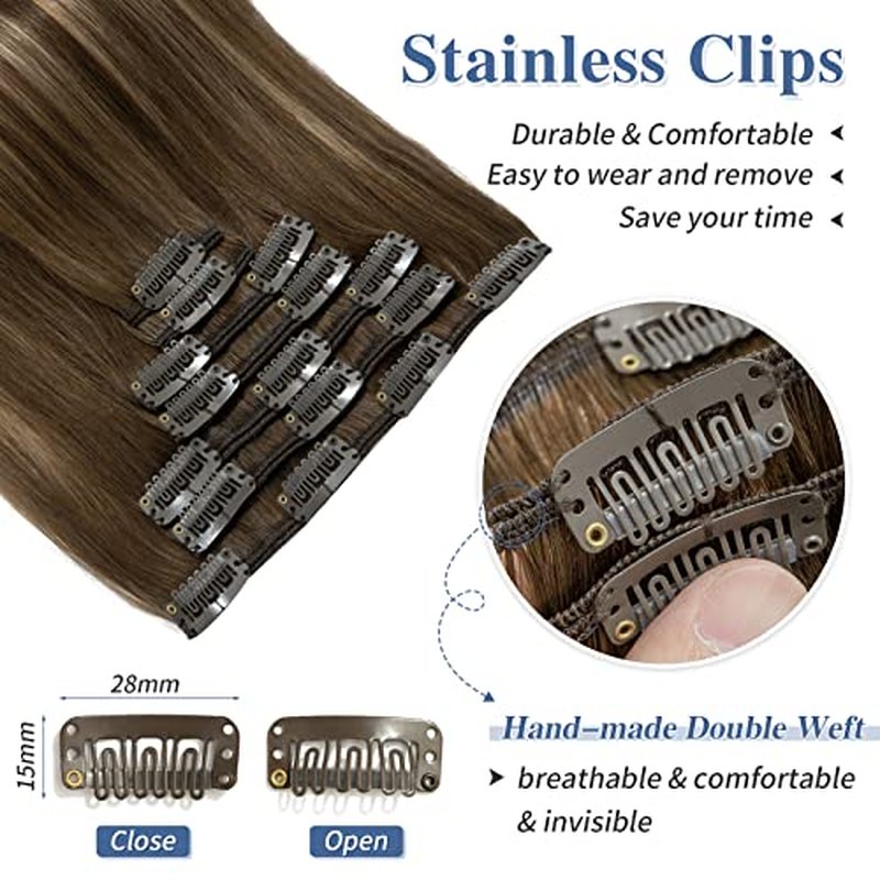 Clip in Hair Extensions Real Human Hair S-noilite #4T4P27 Chocolate Brown to Caramel Blonde Double Weft hair extensions 18 Inch Clip in Real Human Hair for Women Balayage Straight 7PCS 125g