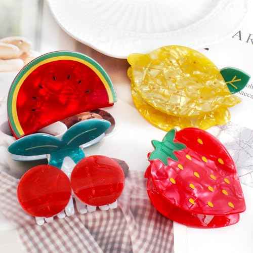 Fruit Claws Clips - Strawberry Hair Clips (Lemon/Cherry/Watermelon) - Cellulose Acetate Hair Clips for Women - Fun Summer Hair Accessories 4Pcs