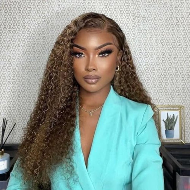 Honey Blonde 13x6 Curly Lace Front Wigs Human Hair Pre Plucked Curly Frontal Wig 28 inch 4/27 Highlight Ombre Jerry Curly HD Lace Front Wigs 180% Density Deep Wave Lace Front Wig for Women