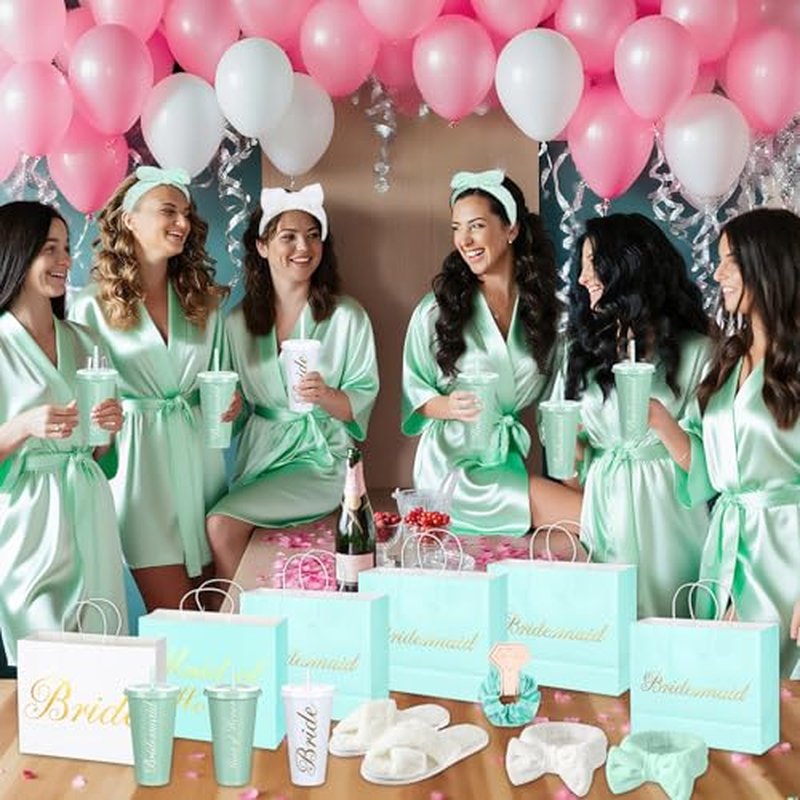 56 Pcs Bridesmaid Bride Robes Set of 8 Bridal Party Silk Satin Robes for Wedding Bachelorette Party Gifts(White,Sage Green)