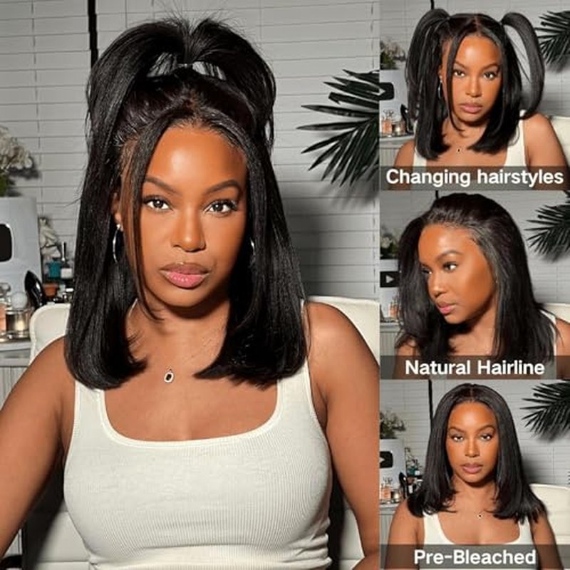 Julia Hair 10 Inch Light Yaki Straight Bob Wig 100% Human Hair Glueless Bye Bye Knots 7x5 Hd Lace Pre Cut Plucked Short Wig Natural Color Straight Bleached Knots Side Part Black Wigs