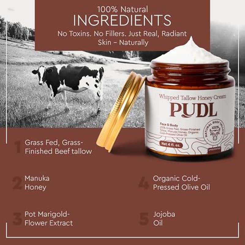 PUDL Grass Fed Beef Tallow for Skin Care with Manuka Honey, Organic Olive Oil and Jojoba Oil ? Whipped Lotion Balm Anti-Aging Moisturizer Deeply Nourishing for Sensitive Skin Face & Body