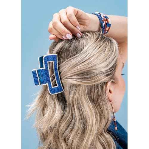 INK+ALLOY Beaded Hair Clips, Lola Large Statement Boho Cute Claw Clips for Women, Secure Hold for Thin & Thick Hair, Handmade Accessories for the Modern Bohemian, 3.5-Inches (Denim Blue)