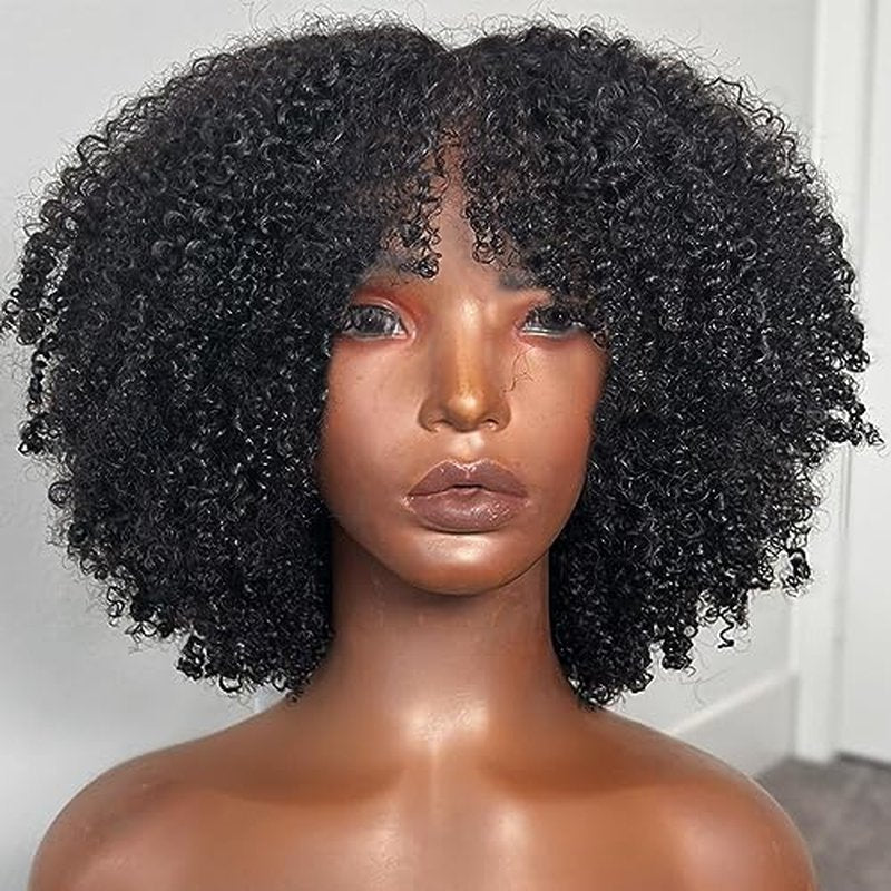 Afro Kinky Curly Wig with bangs Glueless Scalp Top Full Machine Made Human Hair Wigs for Black Women 200Density Kinky Curly Brazilian Human Hair Wig 14inch Natural Color