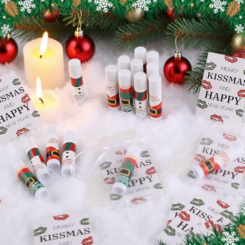 Christmas Lip Balm Bulk, 18Pcs Christmas Lip Balm Set with Cards and Organza Bags, Xmas Lips Balms Gift Set for Teens and Adults, Xmas Stocking Stuffer Party Supplies, Lips Care