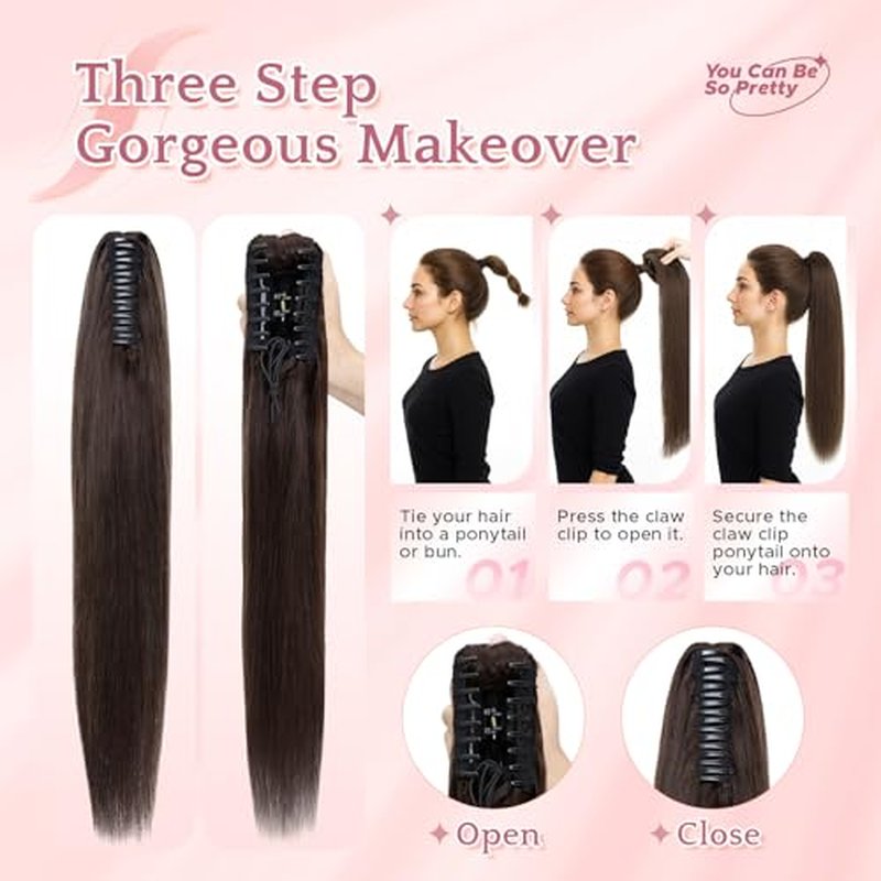 Human Hair Claw Clip Ponytail Extension 100% Real Human Hair Clip-In Extensions for Women Long Straight Pony Tails 18 Inches 115g #02 Dark Brown