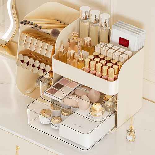 Makeup Organizer with 2 M Drawers & Brush Holders - Cosmetic Storage Case for Vanity, Bathroom Countertop & Desk - Skincare & Office Supplies Organizer (Cream, M)
