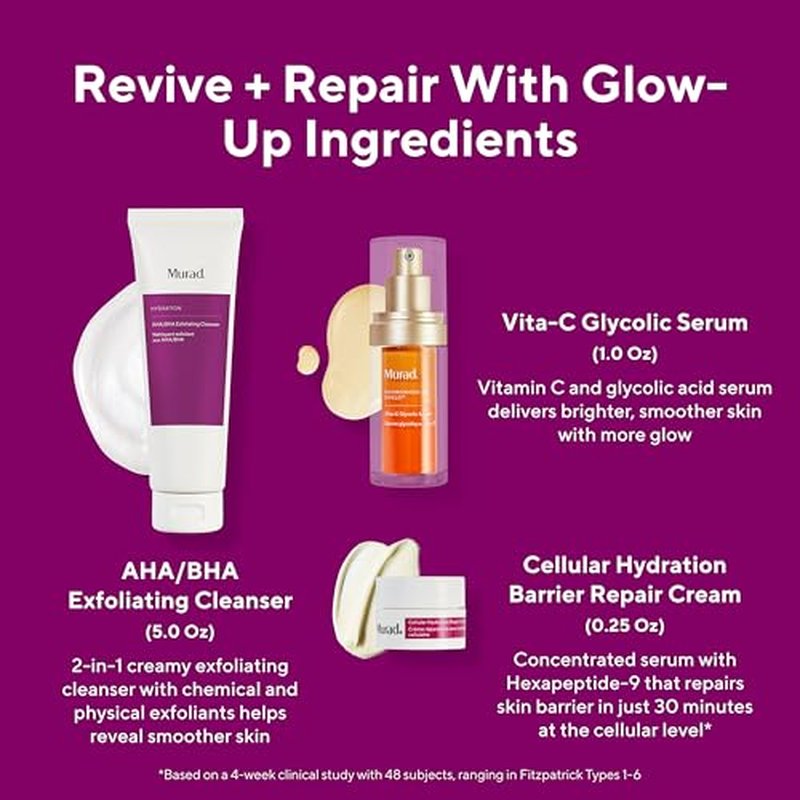 Murad Revive + Repair w/Glow Up Ingredients - 3-Piece Set ($135 Value) - Regimen for Total Skin Health - AHA/BHA Cleanser 5.0Fl Oz, Glycolic Serum 1.0Fl Oz, Cellular Hydration Cream 0.25Fl Oz