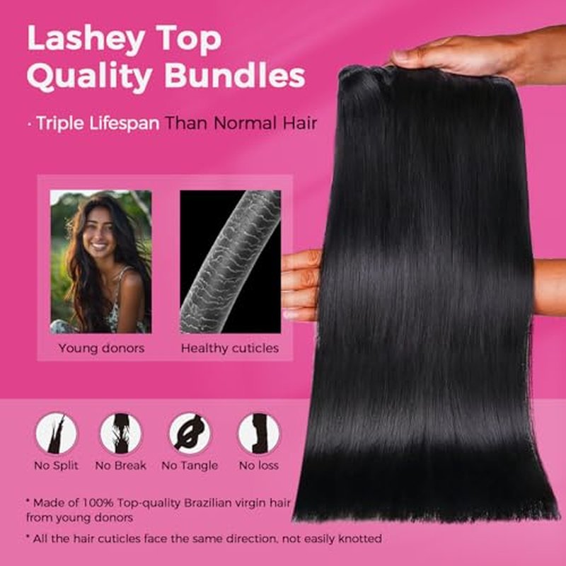 Lashey Human Hair Bundles Light Yaki Straight 100% Virgin Human Hair Soft and Bouncy Double Weft Hair Extensions Natural Black 12 14 16 Inches (3 Bundles Total 240 grams)