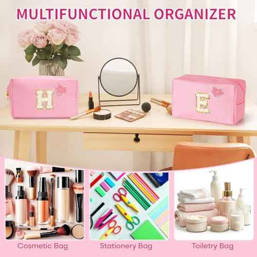 Personalized Initial Makeup Bag with Bling Heart Preppy Cosmetic Bag Cute Toiletry Travel Bag For Teen Girls Women Letter Makeup Pouch Purse for Holiday Birthday Christmas Gifts (A, Pink)