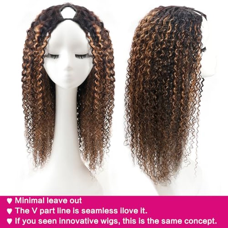 Ainmeys Curly V Part Wigs Ombre Brown V Shape Wigs for Black Women No Leave Out Lace Front Wigs Upgrade U Part Wigs Glueless Full Head Clip In Half Wigs(#FB30 18IN)