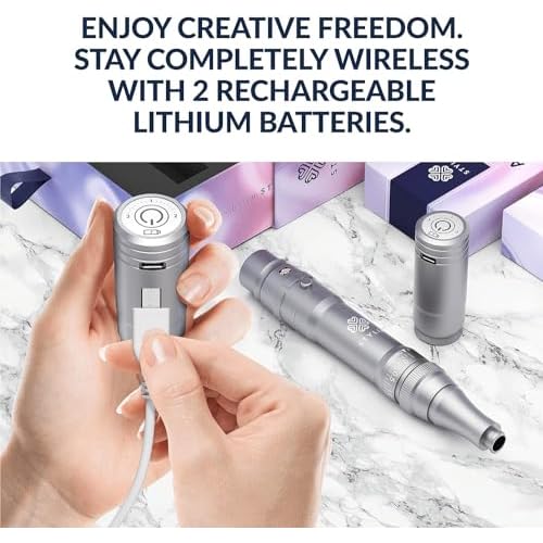 Stylia Permanent Makeup Machine Set ? Wireless Machine Kit with 2 Rechargeable Lithium Batteries, Power Adaptor and 16 PMU Cartridges ? Microblading Pen, Low-Noise, High-Speed Motor (SILVER)