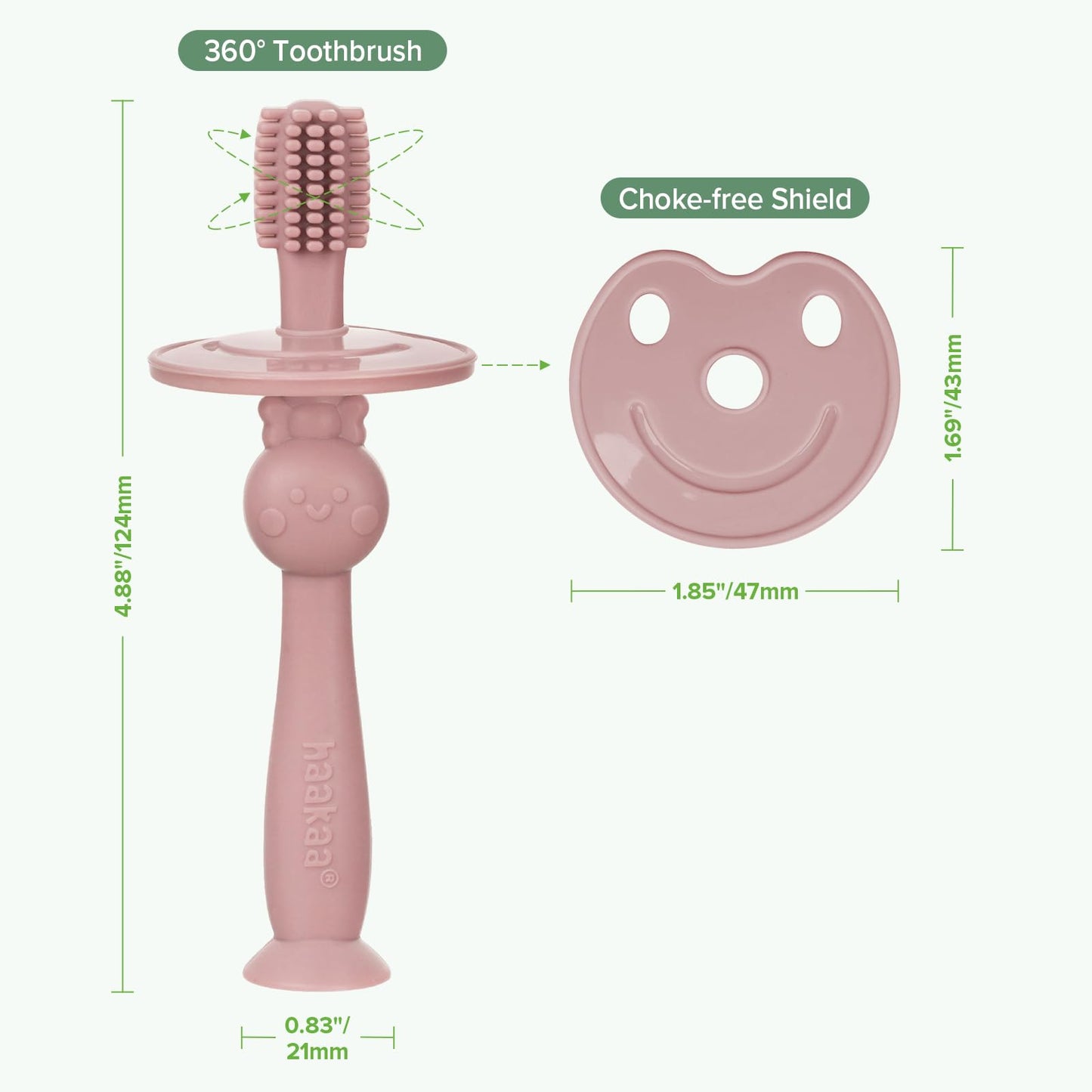 haakaa 360° Silicone Baby Toothbrush, Soft Infant First Brush, Tongue, Gum & Teeth Cleaner for 6M+, BPA-Free with Safety Shield and Suction Base - Blush (1 Piece)