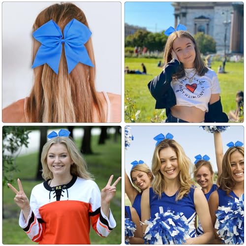 Blue Cheer Bows Set - 8 Inch Hair Bows for Cheerleaders, Ponytail Holders, Ribbons, Softball Hair Ties, and Cheer Accessories