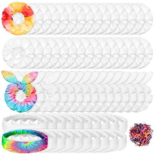 65 Pcs White Cotton Scrunchies Hair Ties Accessories for Tie Dye Party Supplies Including 30 Scrunchies 15 Bow Hair Ties 20 Headband Non Slip Stretchy Elastic Head Wrap Holder for Women DIY Tie Dye