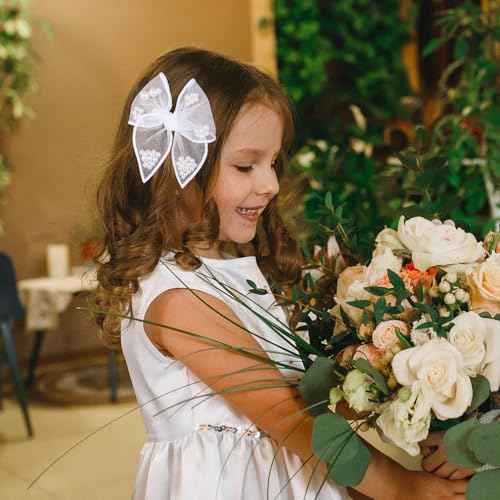 White Pearl Fable Hair Bow Clips for Flower Girls Wedding 4" Mesh Tulle Ribbon Shaker Bow Alligator Hairpins Toddlers Kids Pageant 1st Communion Party Dress Decor Accessory Gift