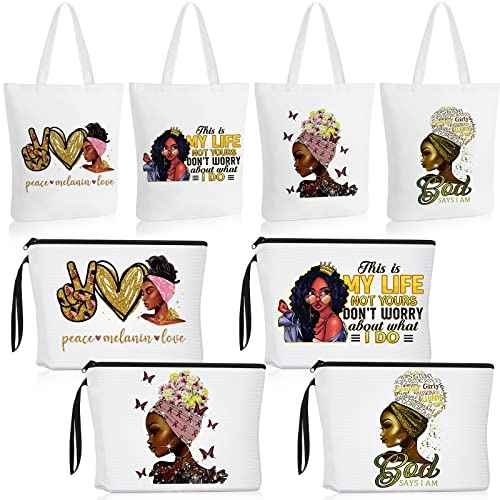 Roowest 8 Pcs African American Tote Bags Makeup Bag for Black Women Bulk Inspirational Gifts Medical Assistant Christmas(Classic Style)