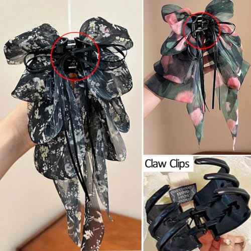 2pcs Bow Hair Claw Clips with Long Tail Tassel Hair Clips for French Hair Styles for Women Girls Ponytail Hair Decorations Accessories (Floral Pattern)