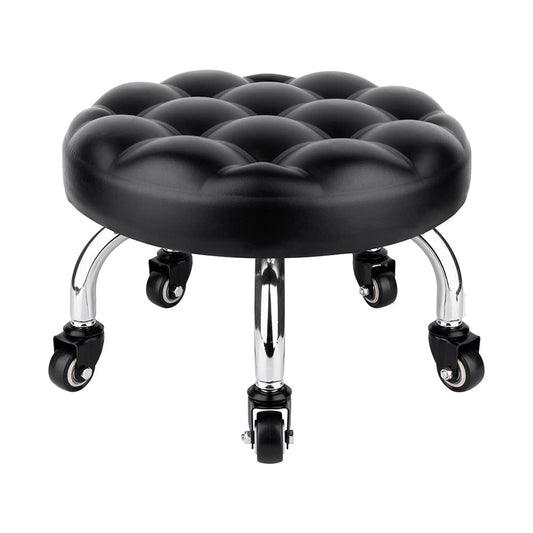 OBMMIRAO Pedicure Stool Low Roller Seat,Swivel stools Round Stool with Wheels, Black Low Chair with Wheels,PU Leather (Black StyleB)