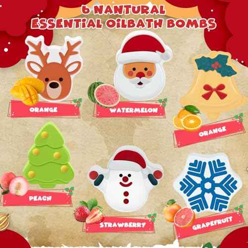Christmas Bath Bombs Set for Kids,Boys & Girls Stocking Stuffers Gift, Handmade 6 Fun Organic for Children, Gentle Formula Creates, Relaxing Aromas for Women