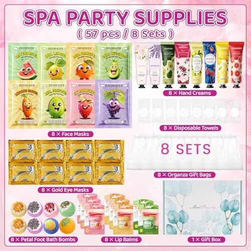 56Pcs Spa Party Supplies Set,Including 8 Spa Kits with Facial Masks Eye Patches Hand Cream Lip Balm Foot Bath Bombs,Ideal Gift for Sleepover,Spa Day,Slumber & Birthday Party Favors