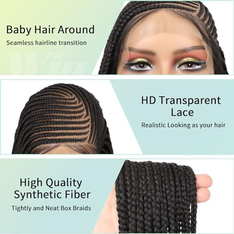 13x8 Inch HD Lace Front Cornrow Braided Wigs For Women Box Braid Wig With Baby Hair Back Lemonade Braids 36" Black Premium Synthetic Box Braided Wig Transparent Lace Front Braids Wigs