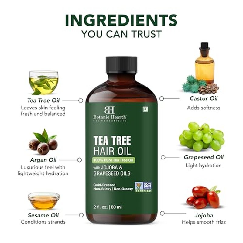 Botanic Hearth 100% Pure Tea Tree Oil For Hair Growth | Infused with Jojoba & Grapeseed Oils | Hair Oil Repairs Dry Damaged Hair, Strengthening, Healthier - Hair Tonic, 2.0 fl oz