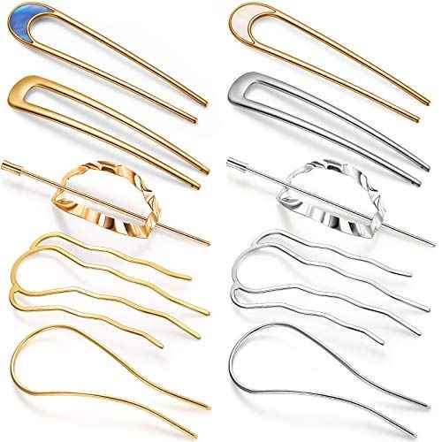 10 Pieces Metal U-Shape Oval Side Comb Hairpin Hair Fork Clip Stick Hair Bun Updo Sticks Gold Silver Chignon Pin Grips for Women Styling Tool Accessories