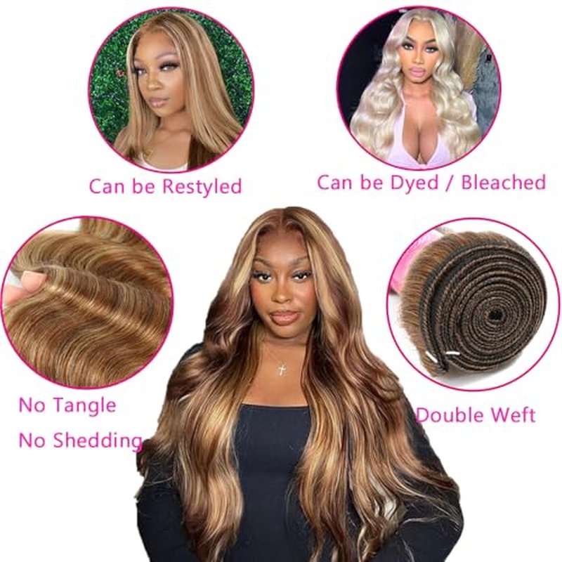 Honey Blonde Highlight Body Wave Bundles Human Hair 100% Unprocessed Brazilian Virgin Hair Ombre Brown Body Wave Bundles Human Hair Extensions Piano Color