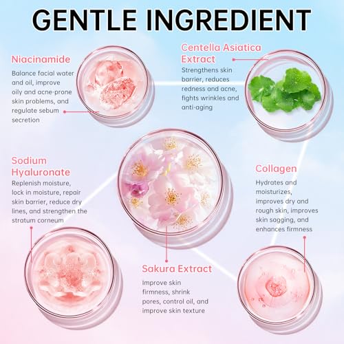 Sakura Skin Care Set for Teen Girls, Skincare Gift Set for Teens 10-12, Hydrating & Soothing, 5 Pcs Collagen Skincare Routine Kit for Women with Cleanser, Serum, Cream, Bunny Headband, Cleansing Brush