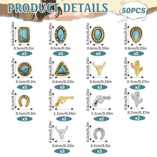 50 PCS Turquoise Nail Charms - 3D Western Nail Charms Vintage Turquoise Gems Stones Art, Retro Metal Gold Silver Cowboy Cowgirl Western Art Stickers Accessories Women DIY