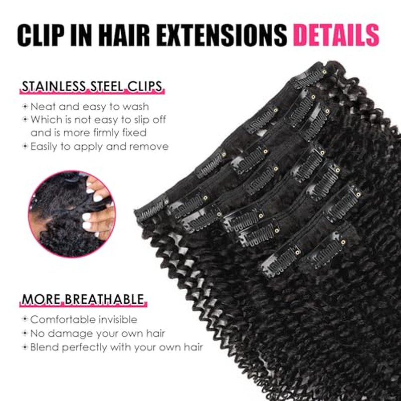 Kinky Curly Clip in Hair Extensions for Women 3C 4A Kinky Curly Clip ins 7Pcs 120g Remy Human Hair Clip in Hair Extensions Double Weft Natural Black 24 Inch