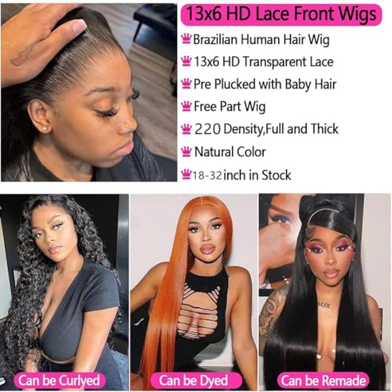 13x6 Straight Lace Front Wigs Human Hair HD Transparent Lace Frontal Human Hair Wigs for Women Glueless Wigs Human Hair Pre Plucked Black Wig 200% Density 22 Inch