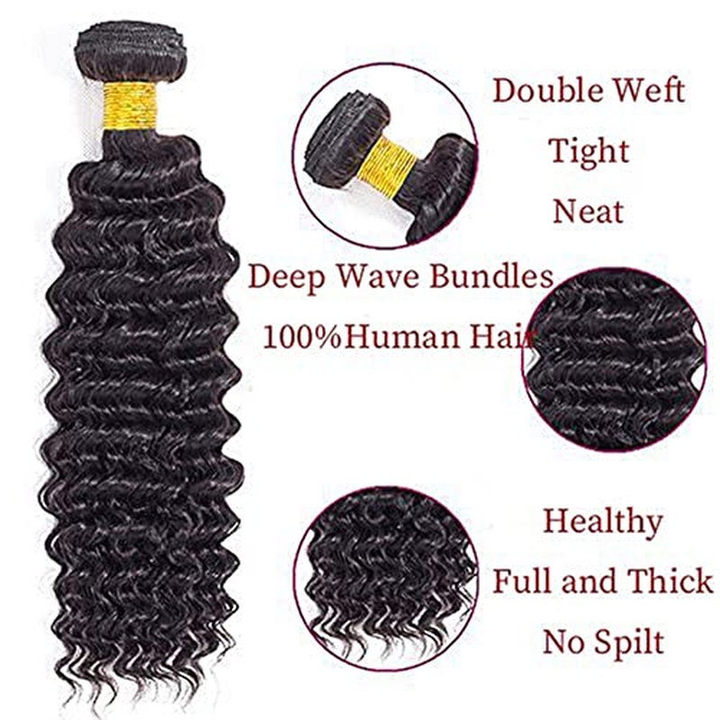 1B Deep Wave Human Hair Bundles Brazilian Virgin 3 Bundles 14 16 18 Inch Black Deep Curly Bundle Human Hair Extensions 50 Gram Per Bundle